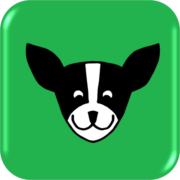 Barking Cat logo of a black and white dog on a green background